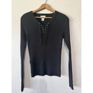 Ann Taylor LOFT Black Ribbed Lace-Up Sweater Top Size M Fitted Minimalist